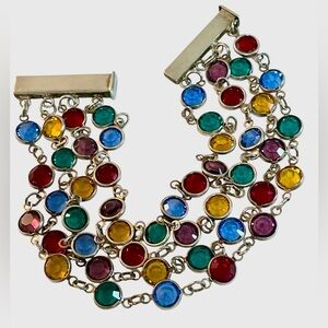 Vintage Sterling Silver Multi Strand Bezel Set Crystals Confetti Bracelet 1960's